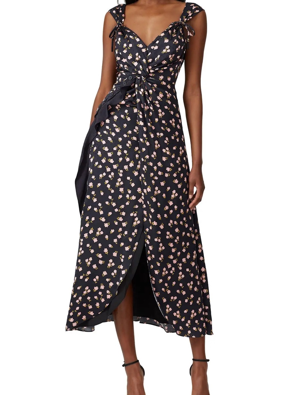 Self-portrait Floral Tie-Front Black Midi Dress